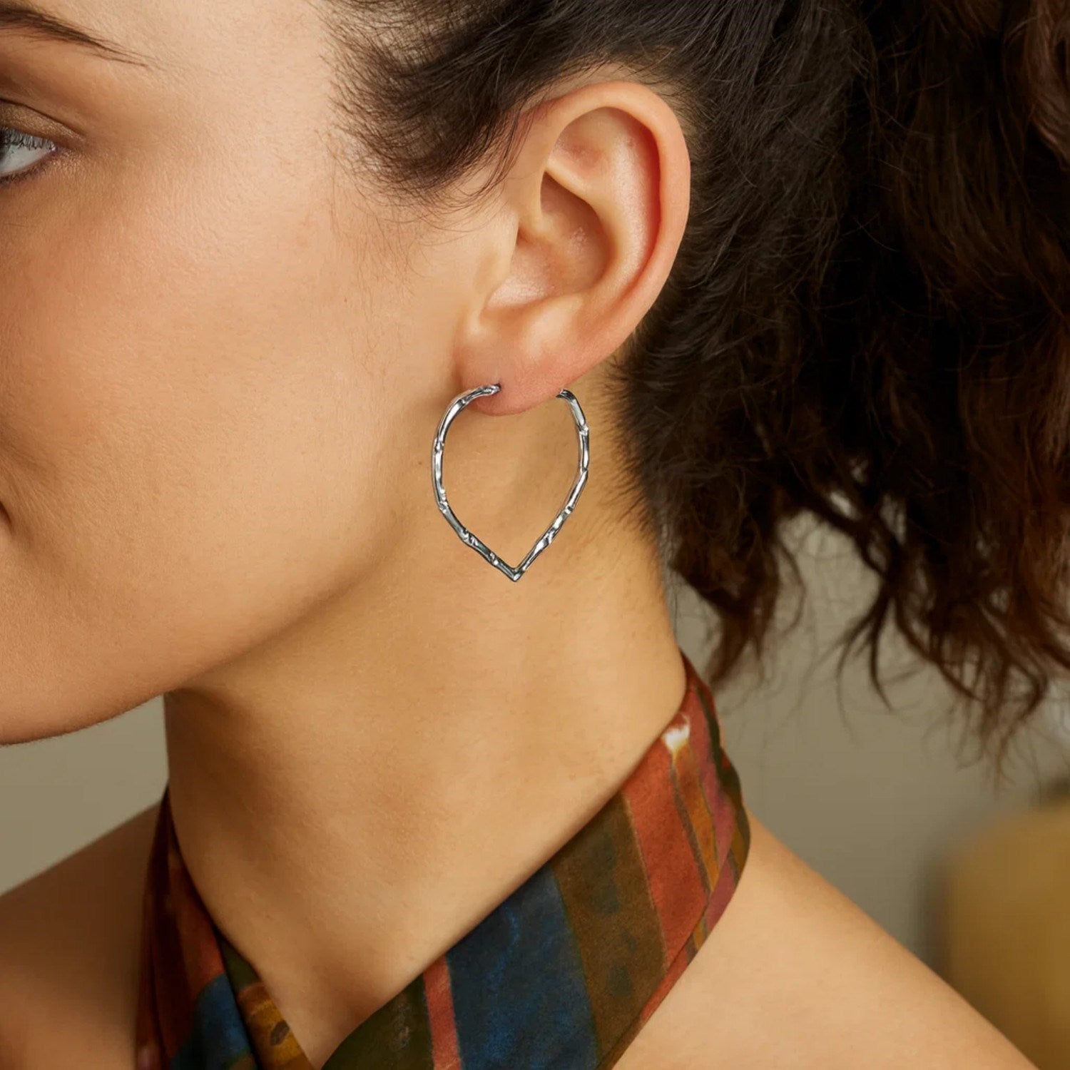 Sterling Silver Rhodium Plated Heart Bamboo Hoop Earrings