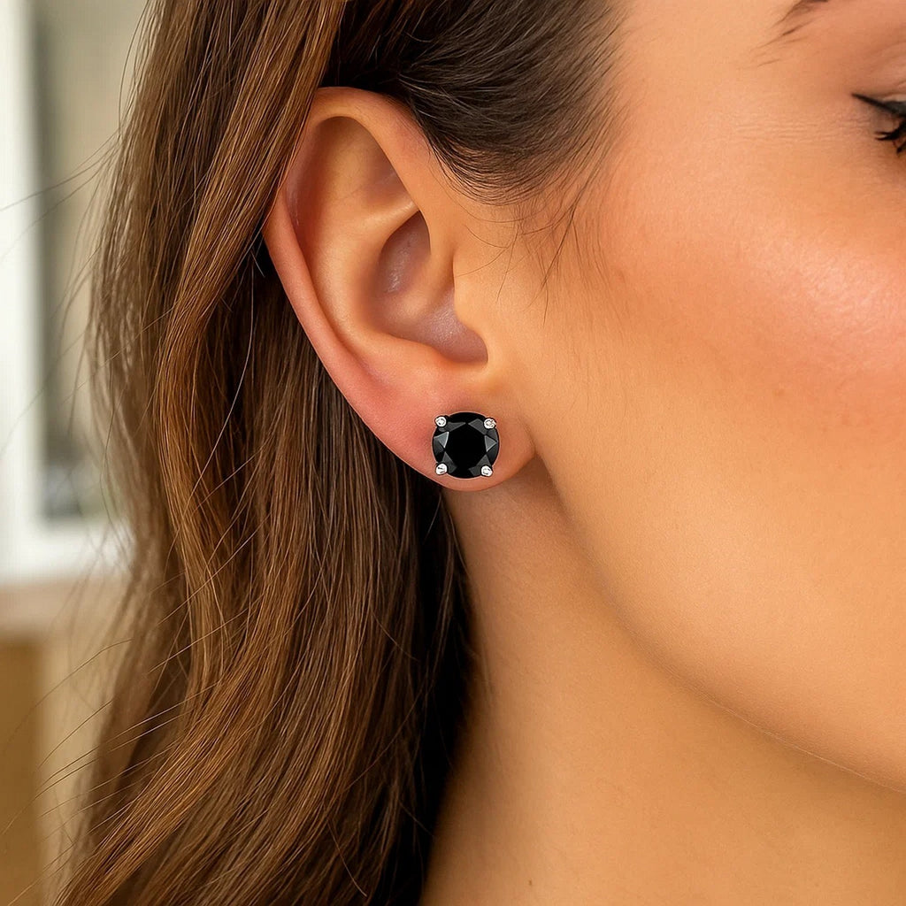 14k White Gold 8.0mm Round Black CZ Stud Earrings