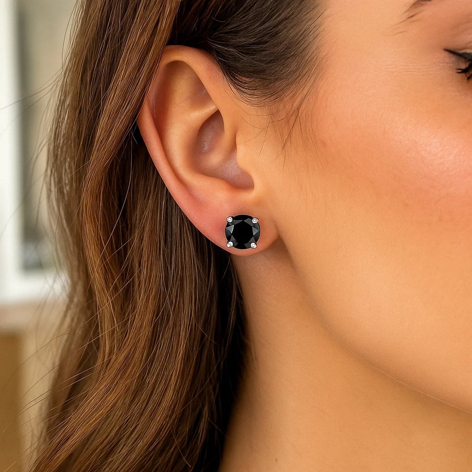 14k White Gold 8.0mm Round Black CZ Stud Earrings