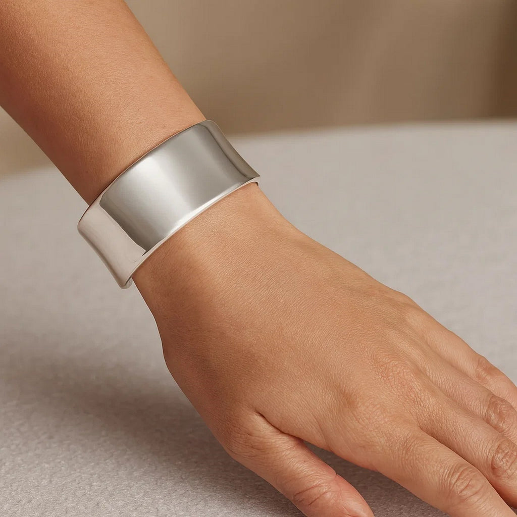 Sterling Silver Rhodium Plated Wide Sculpted Cuff Bangle