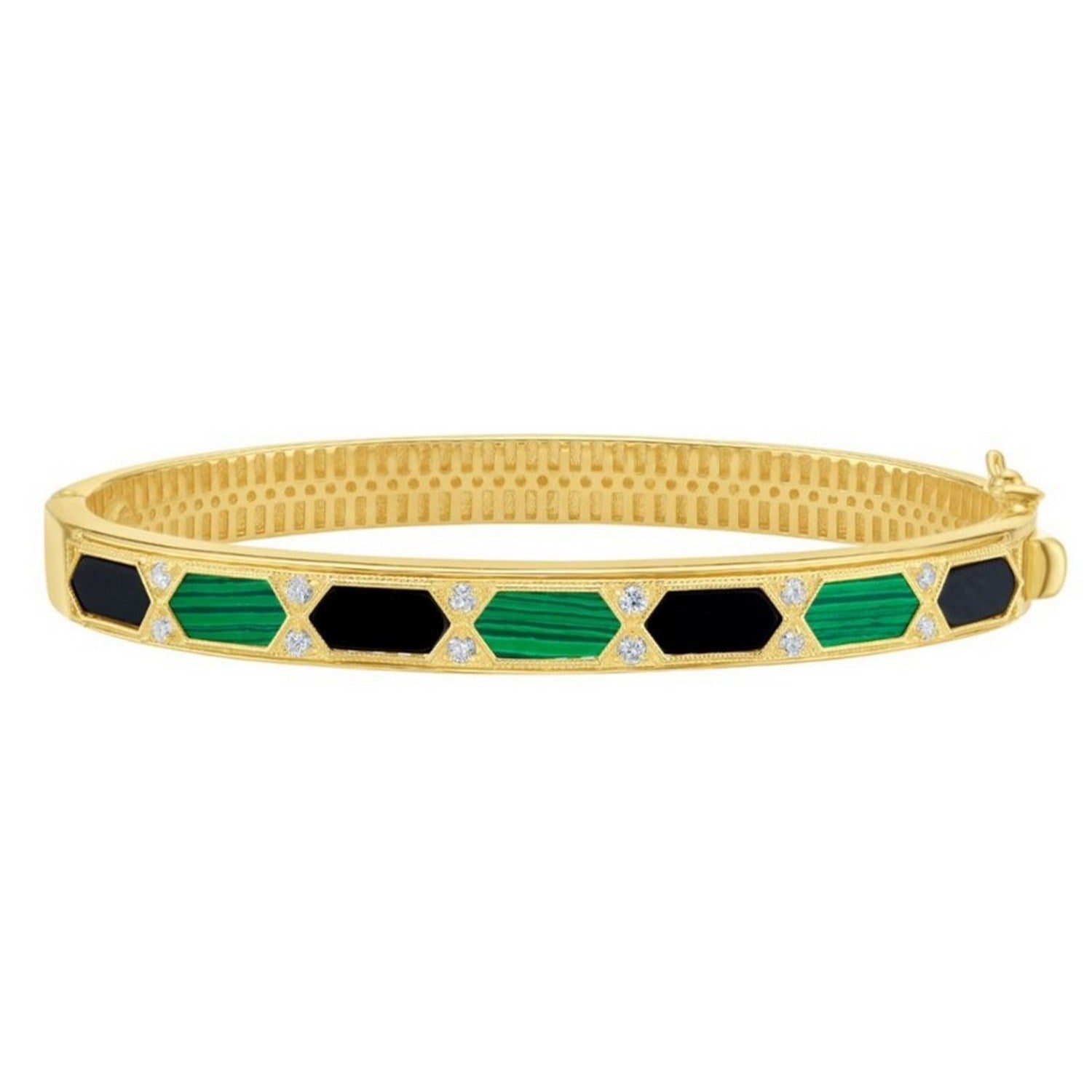 14K Yellow Gold Black And Green Art Deco Hexagon Bangle (6.00 mm)