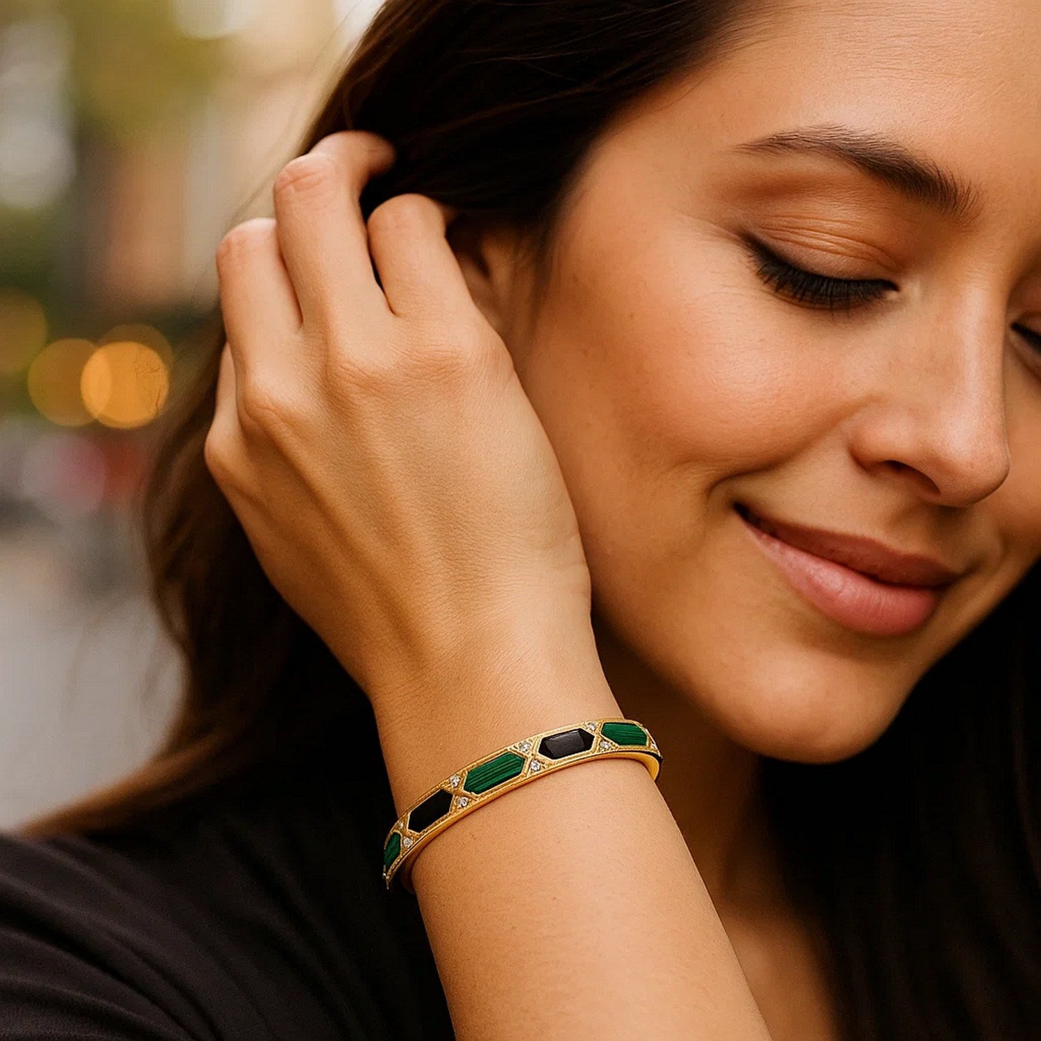 14K Yellow Gold Black And Green Art Deco Hexagon Bangle (6.00 mm)