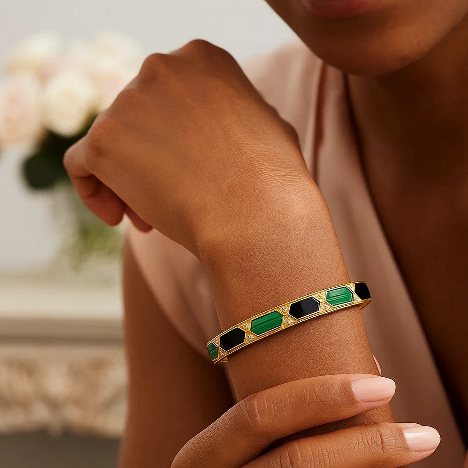 14K Yellow Gold Black And Green Art Deco Hexagon Bangle (6.00 mm)