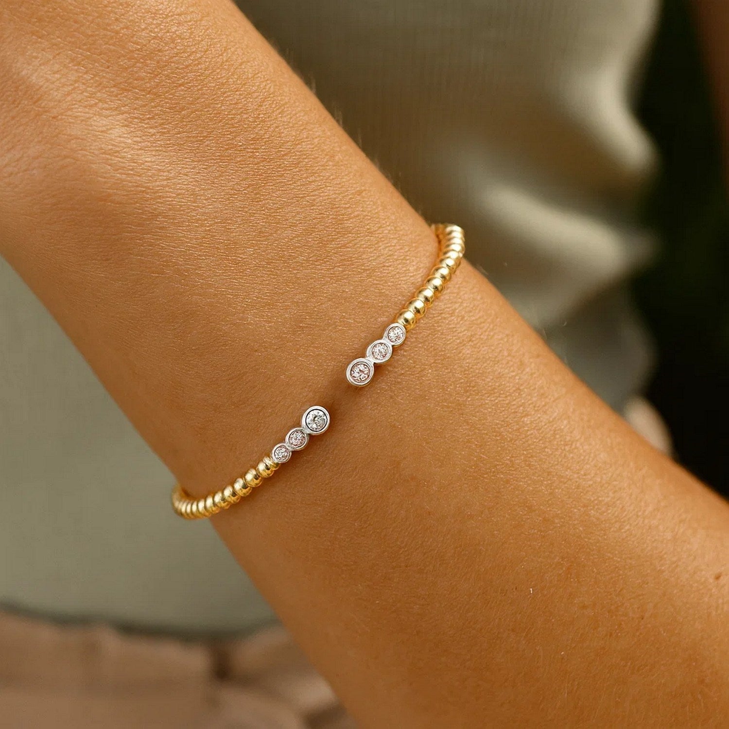 14K Two Tone Polish Diamond Pallina Open Beaded Cuff Bangle (3.00 mm)