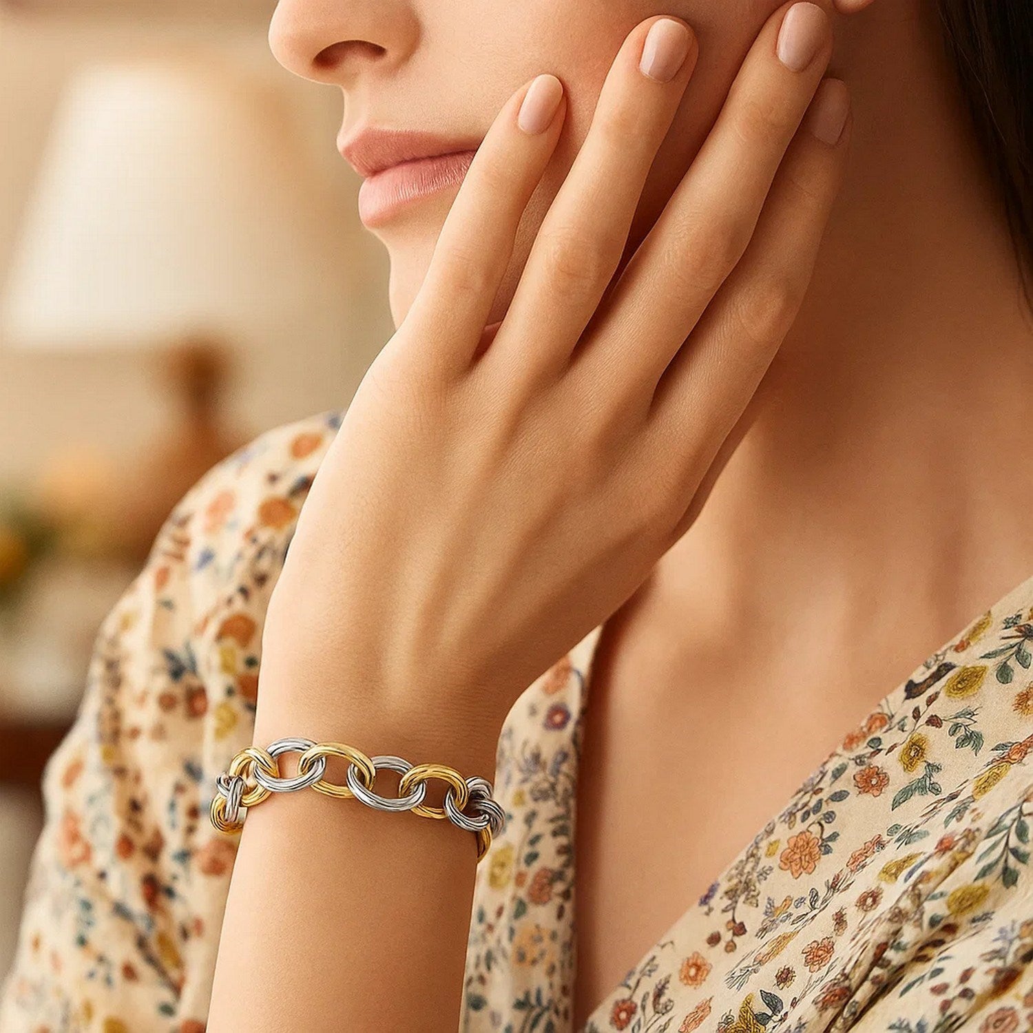 18k Yellow Gold and Sterling Silver Rhodium Plated Diamond Cut Chain Bracelet