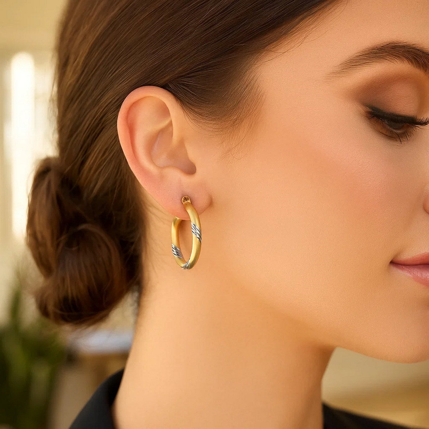 14k Two Tone Gold Polished Hoop Earrings (3x20mm)