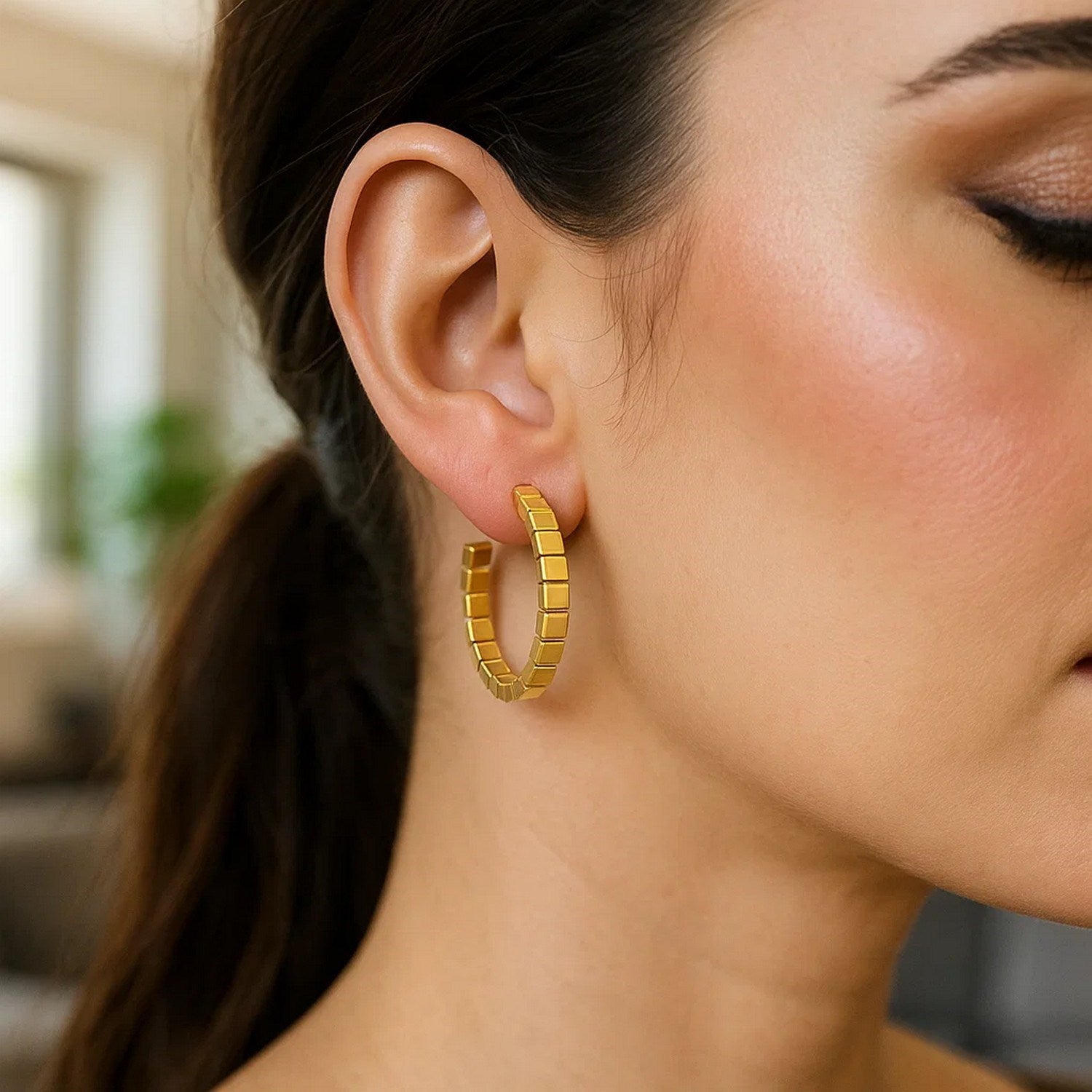 14k Yellow Gold Brick Omega Hoop Earrings