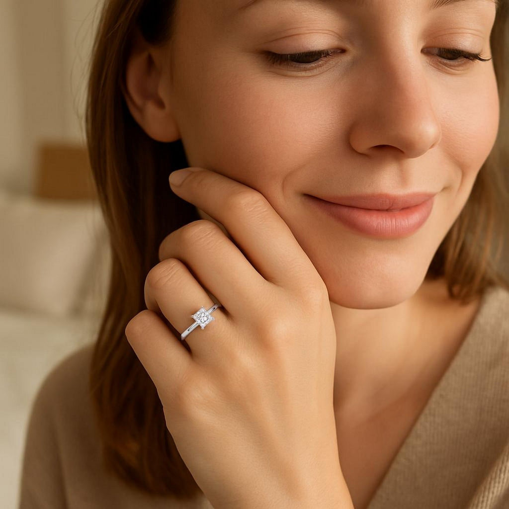 1 Carat Princess Lab Grown IGI G/VS1 Diamond Solitaire Ring in 14K White Gold - Close-Up | BIJOLINA