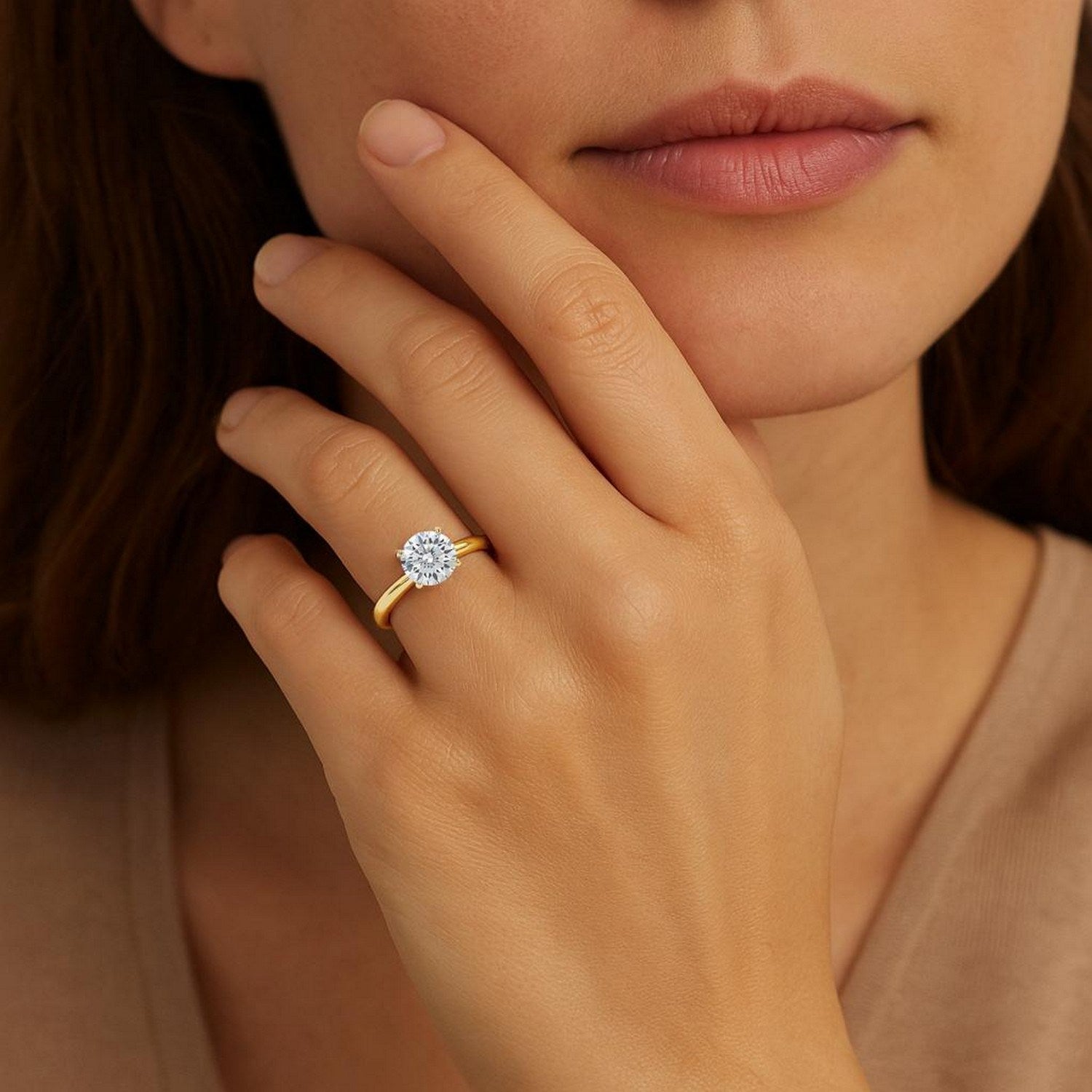 1 1/2 Carat Round Lab Grown IGI G/VS1 Diamond Solitaire Ring in 10K Yellow Gold - Close-Up | BIJOLINA