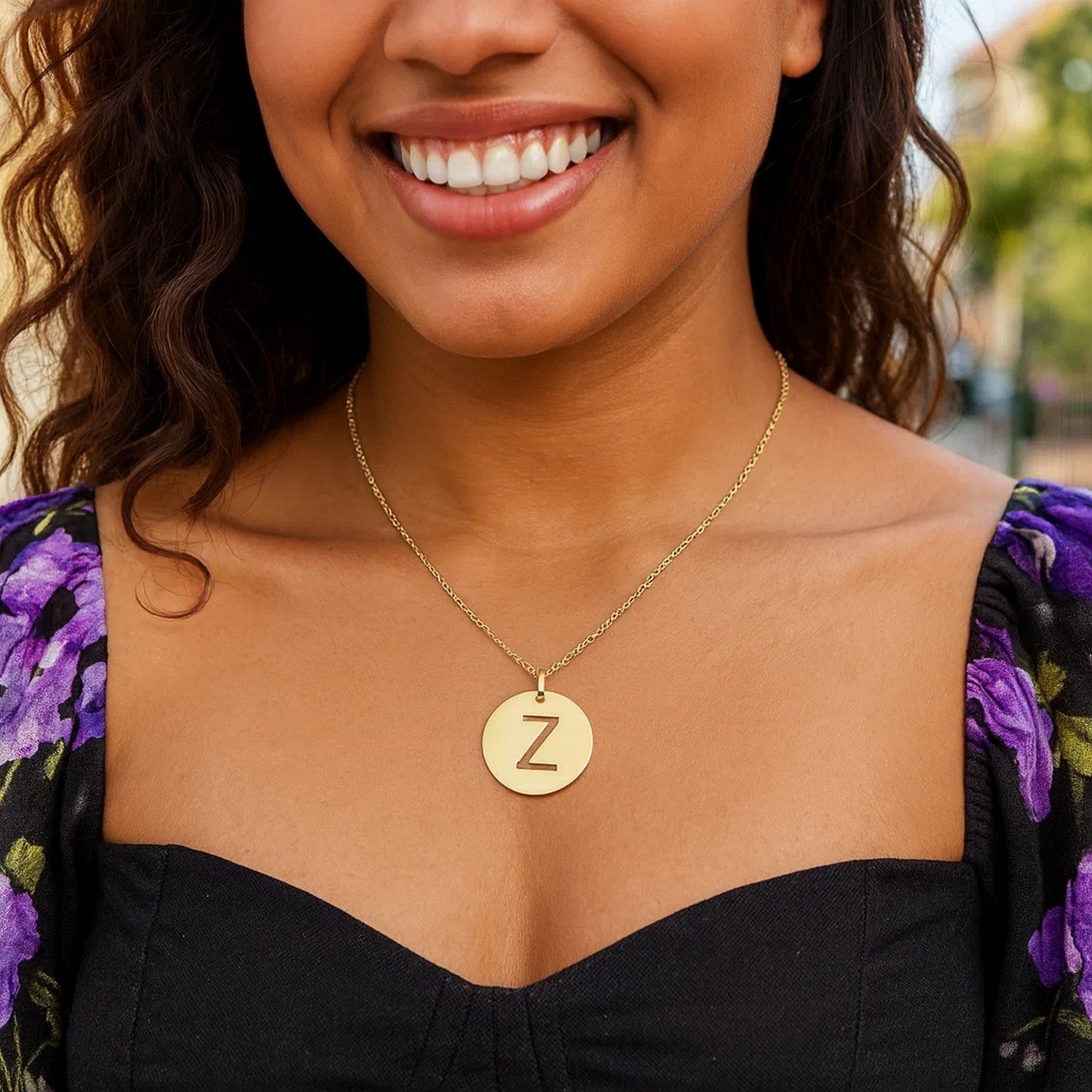 14K Yellow Gold Disc Initial Z Pendant