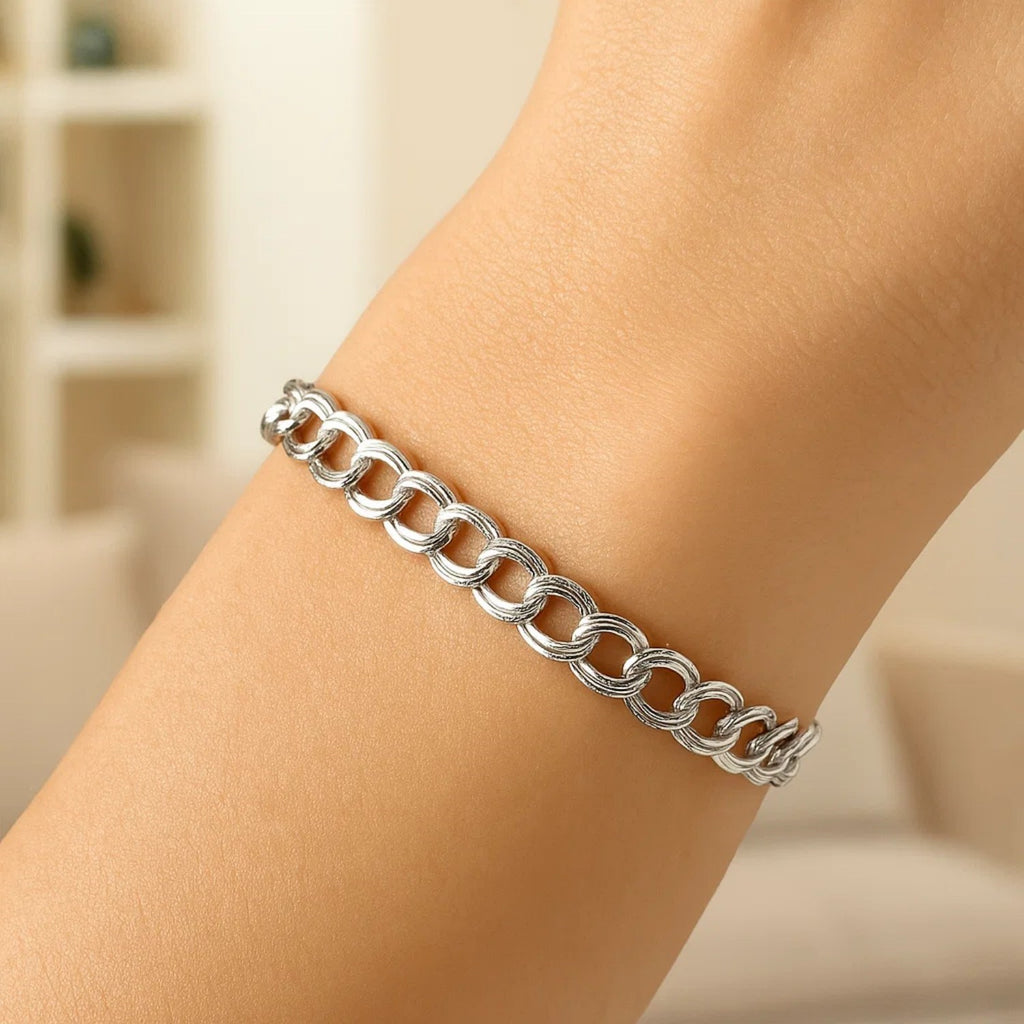 Sterling Silver Ridged Circular Chain Bracelet with Rhodium Plating (6.00 mm) - .925 Sterling Silver - Side View | BIJOLINA