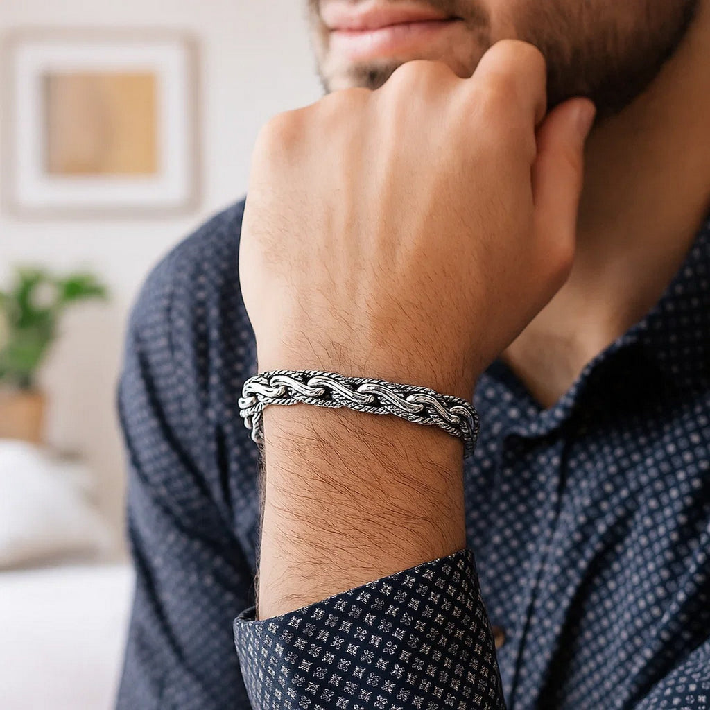 Oxidized Sterling Silver Mens Chain Bracelet in a Cable Motif (8.50 mm) - .925 Sterling Silver - Angle View | BIJOLINA