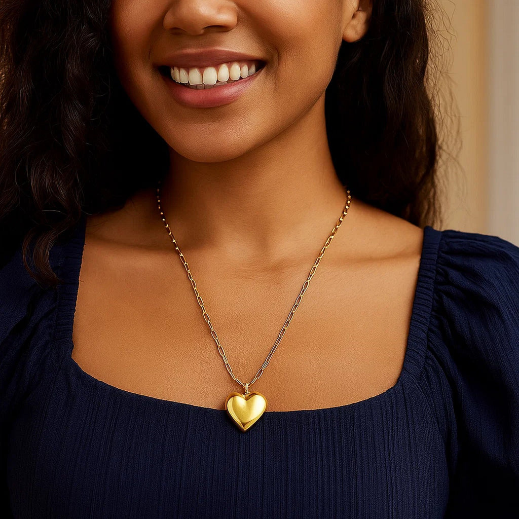 Sterling Silver Gold Plated Large Puffed Heart Long Necklace