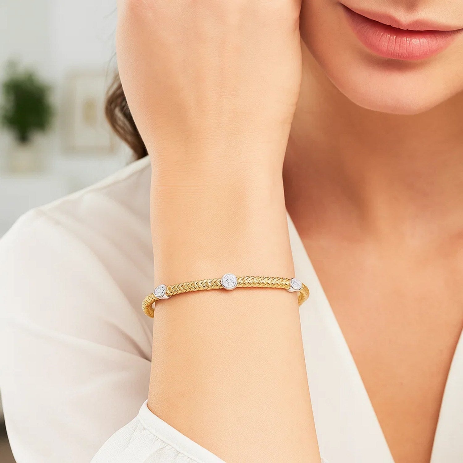 14k Two-Tone Gold Diamond Accent Station Basket Weave Bracelet (3.80 mm)