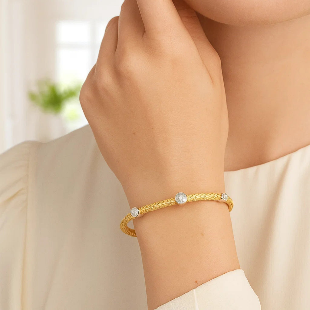 14k Two-Tone Gold Diamond Accent Station Basket Weave Bracelet (3.80 mm) - Detail | BIJOLINA