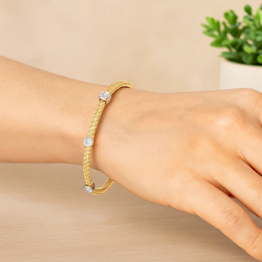 14k Two-Tone Gold Diamond Accent Station Basket Weave Bracelet (3.80 mm) - Angle View | BIJOLINA