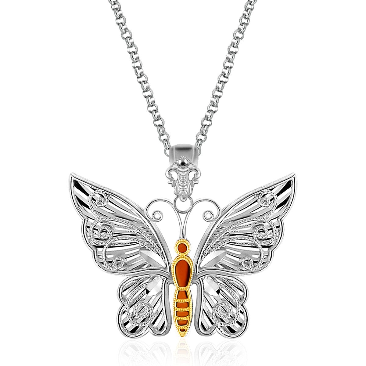 Designer Sterling Silver and 14K Yellow Gold Butterfly Pendant