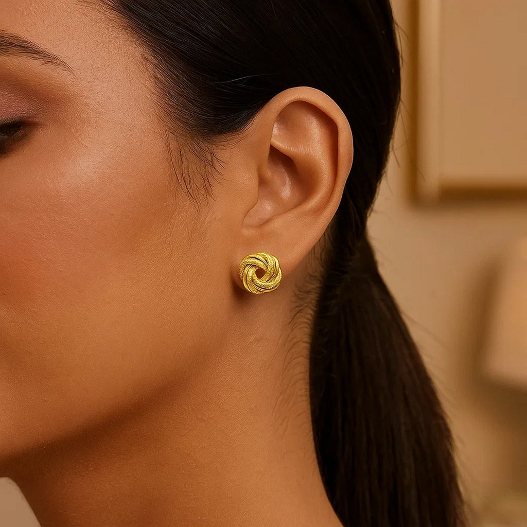 14k Yellow Gold Intertwined Love Knot Stud Earrings - Side View | BIJOLINA