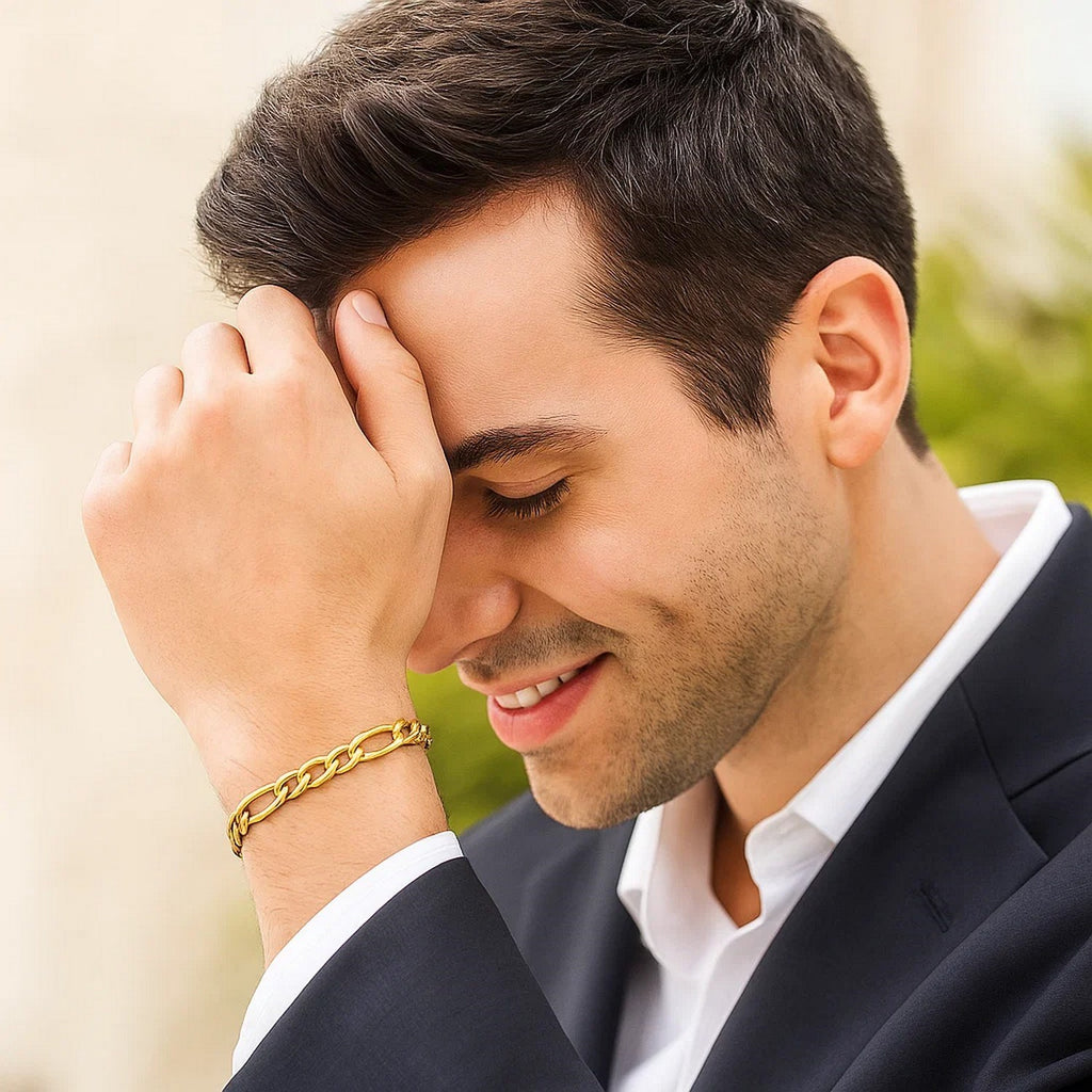 14k Yellow Gold Lite Figaro Bracelet (6.60 mm) - Angle View | BIJOLINA