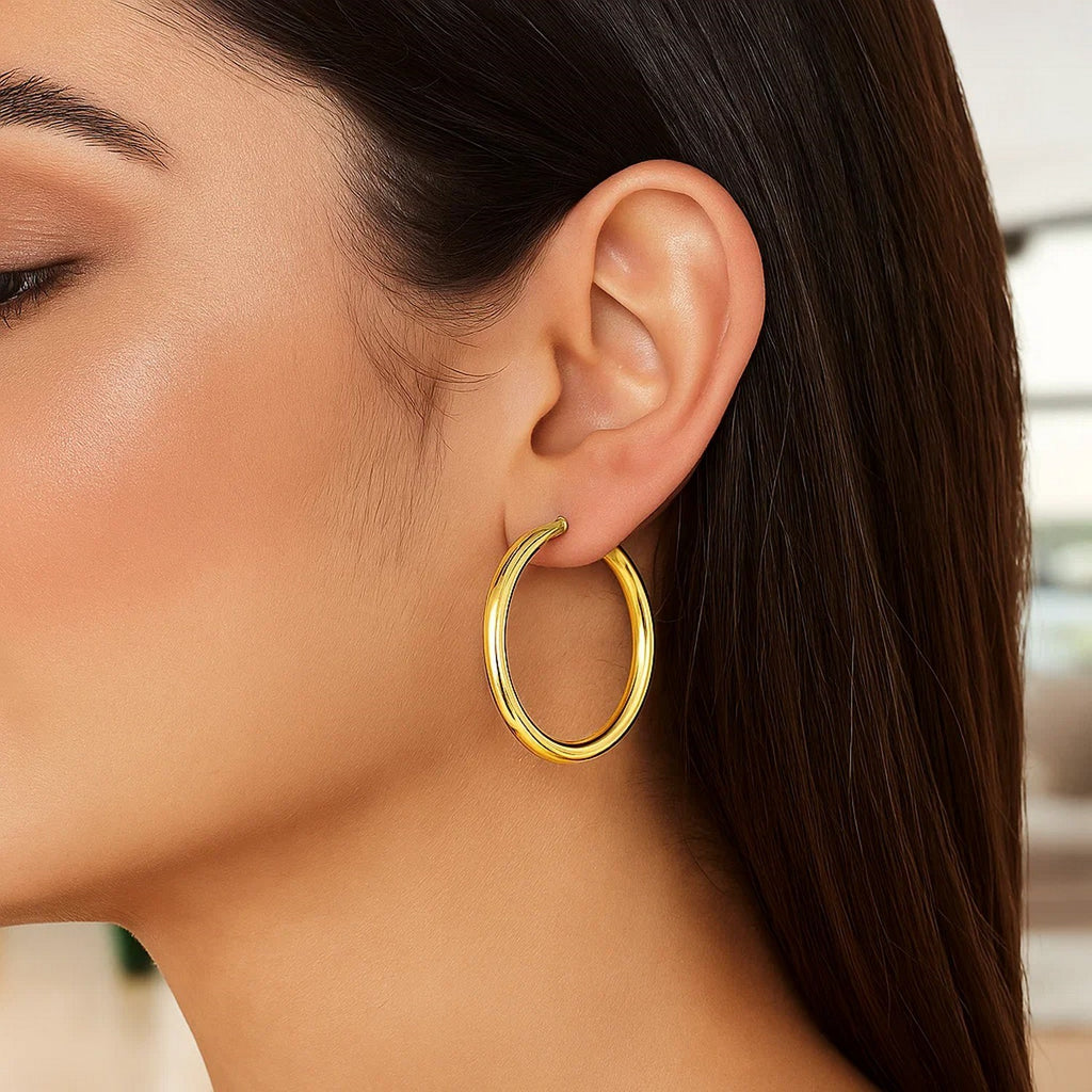 14k Yellow Gold Polished Hoop Earrings (4x40mm) - Side View | BIJOLINA