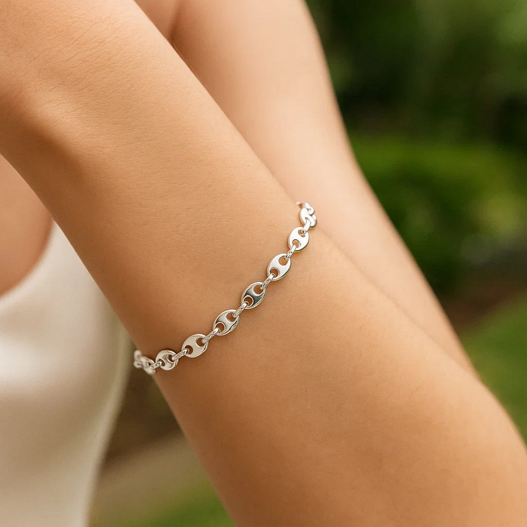 Sterling Silver Rhodium Plated Puffed Mariner Bracelet (3.70 mm)