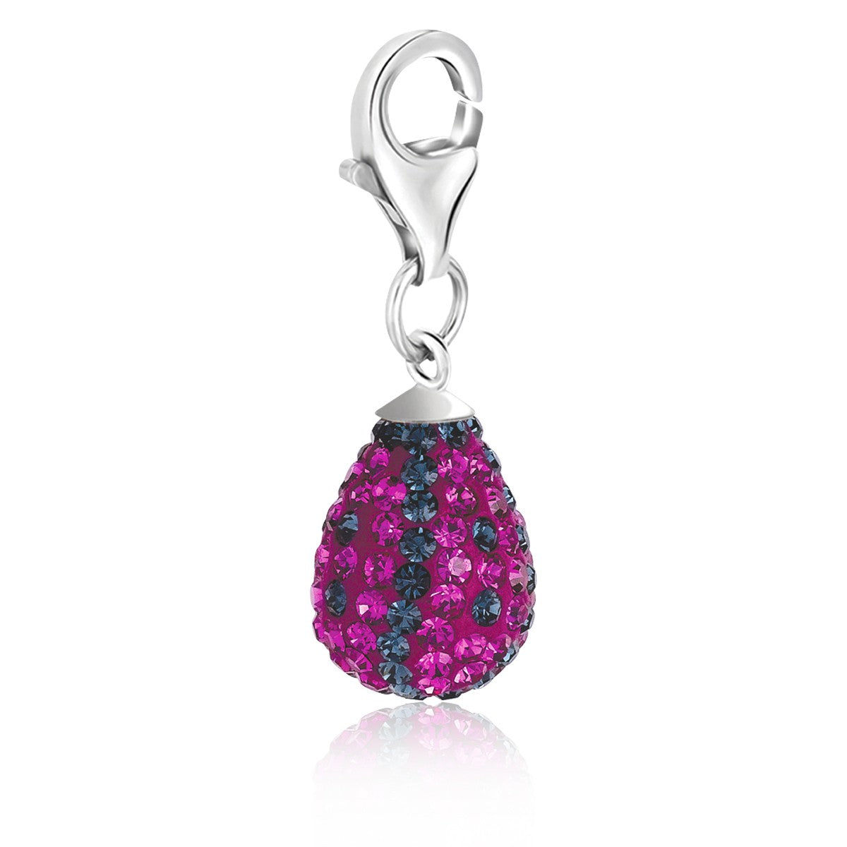 Sterling Silver Teardrop Charm with Pink and Navy Blue Crystal Accents