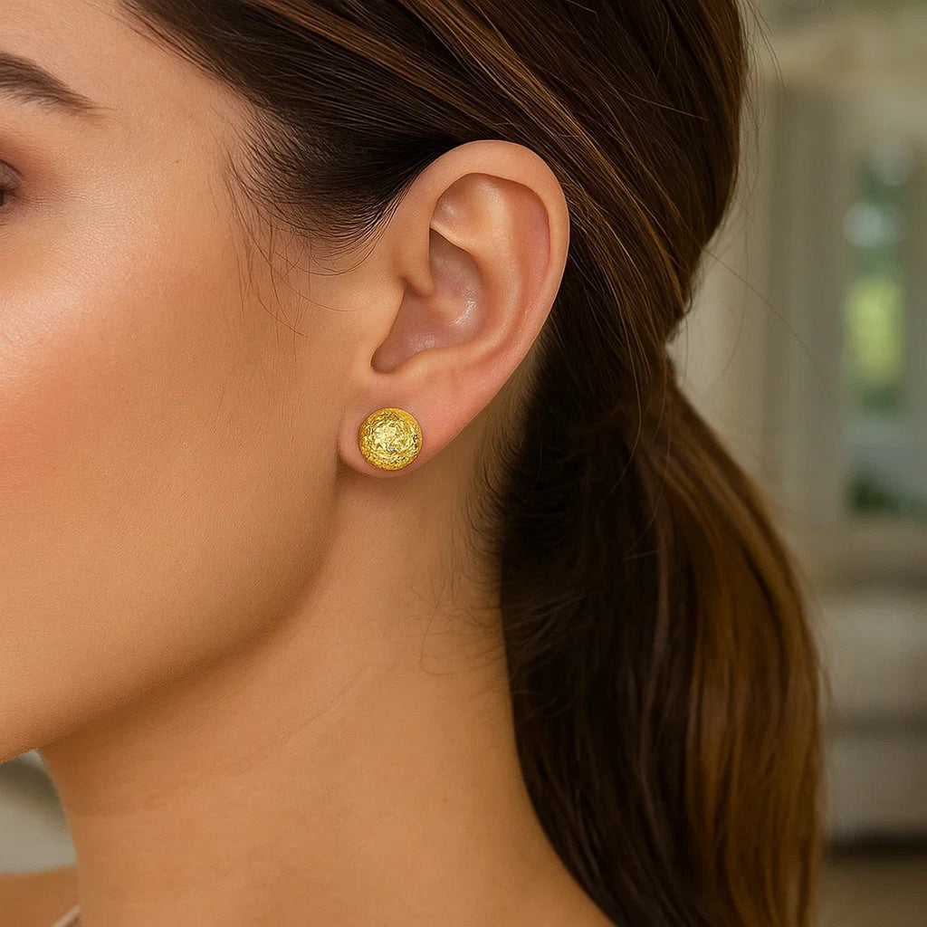 14k Yellow Gold Puff Round Earrings with Diamond Cuts(11mm) - Side View | BIJOLINA
