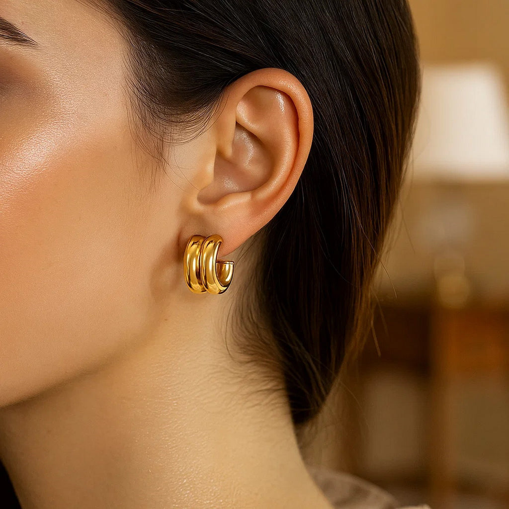 14K Yellow Gold Puffed Double Row C Hoop Earrings - Side View | BIJOLINA