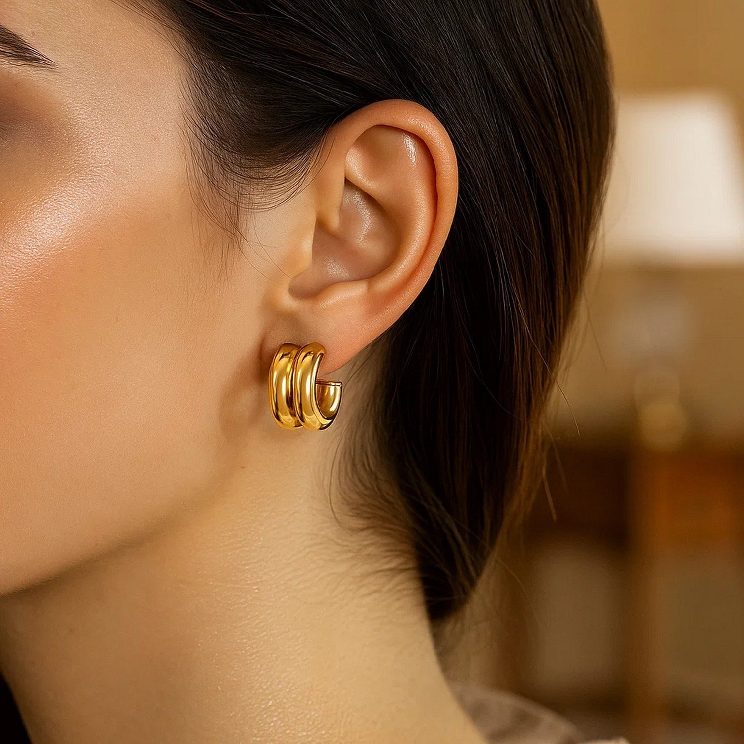 14K Yellow Gold Puffed Double Row C Hoop Earrings