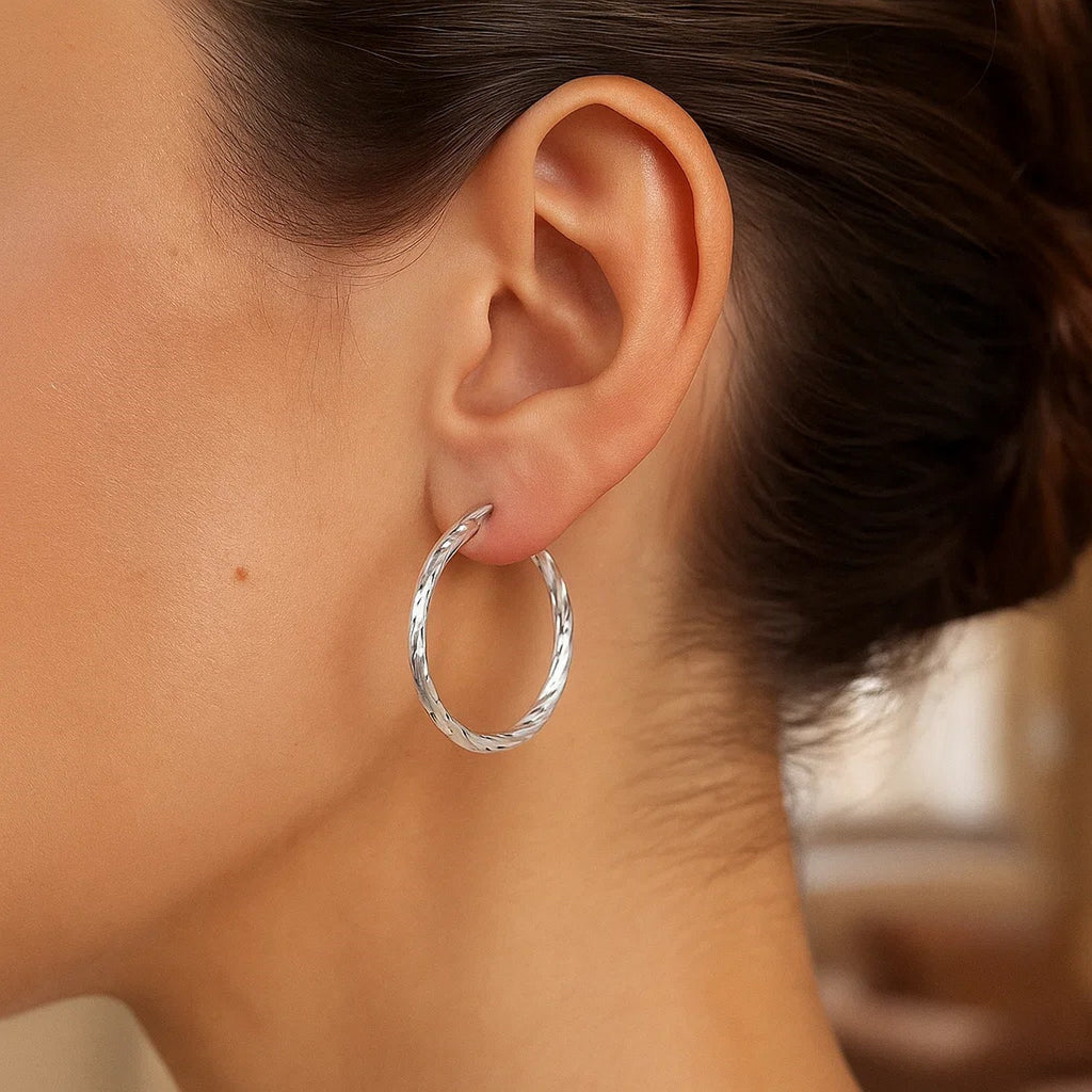 Sterling Silver Hoop Design Diamond Cut Earrings with Rhodium Plating (2x26mm)