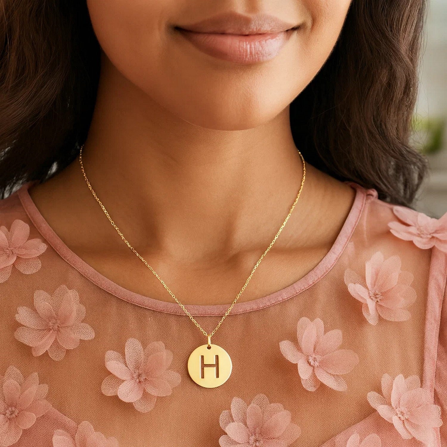14K Yellow Gold Disc Initial H Pendant