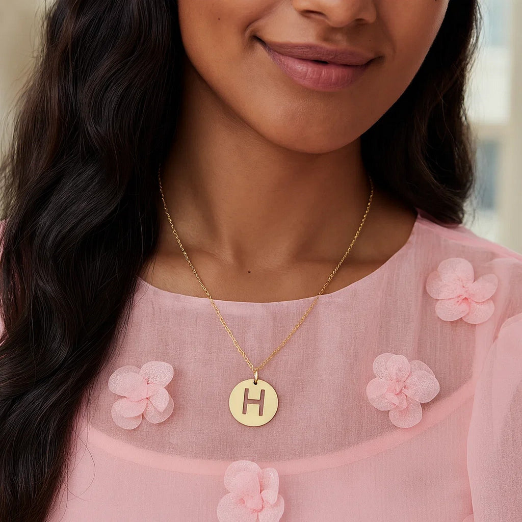 14K Yellow Gold Disc Initial H Pendant