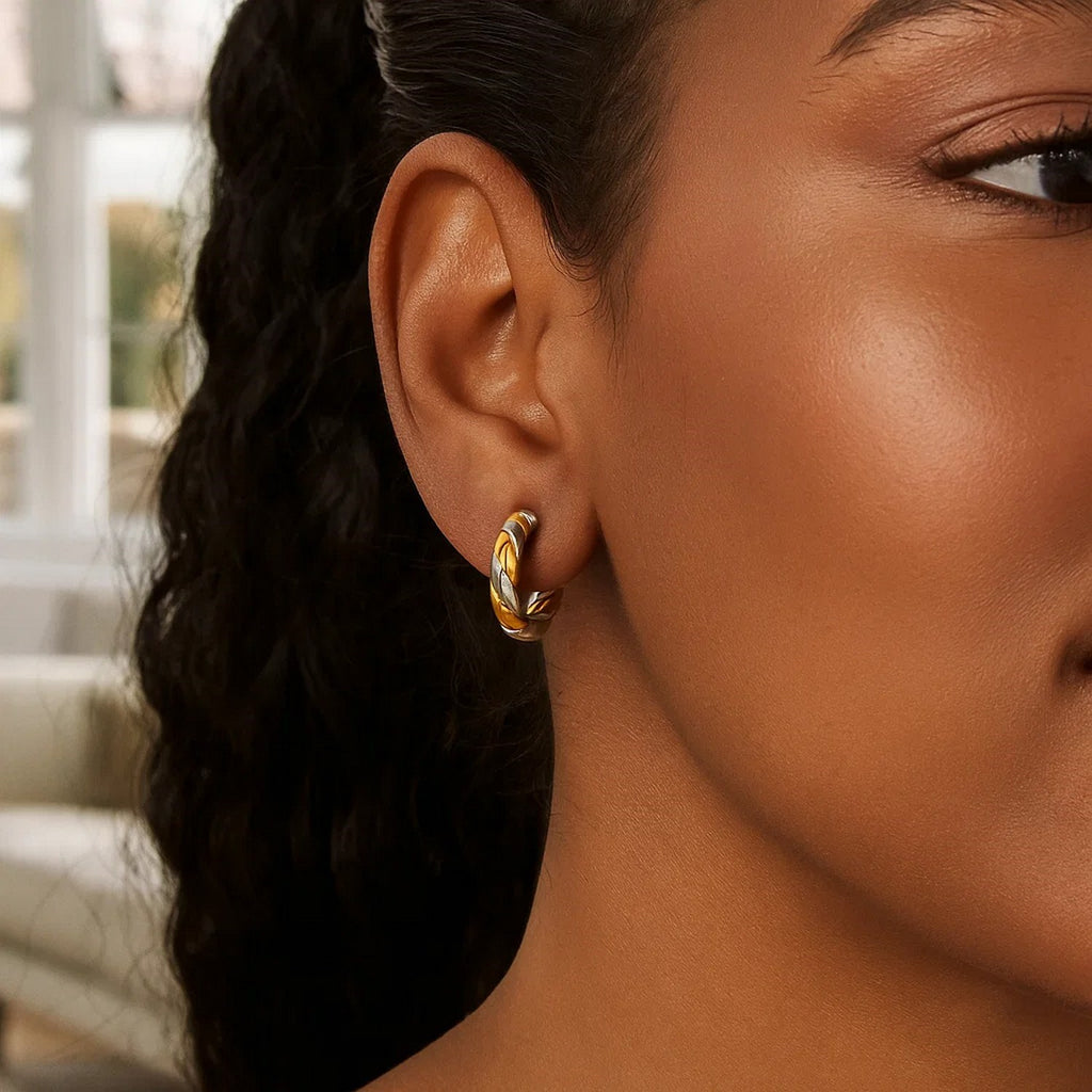 14K Two Tone Gold Twist Hoop Earrings (2.5x15 mm)