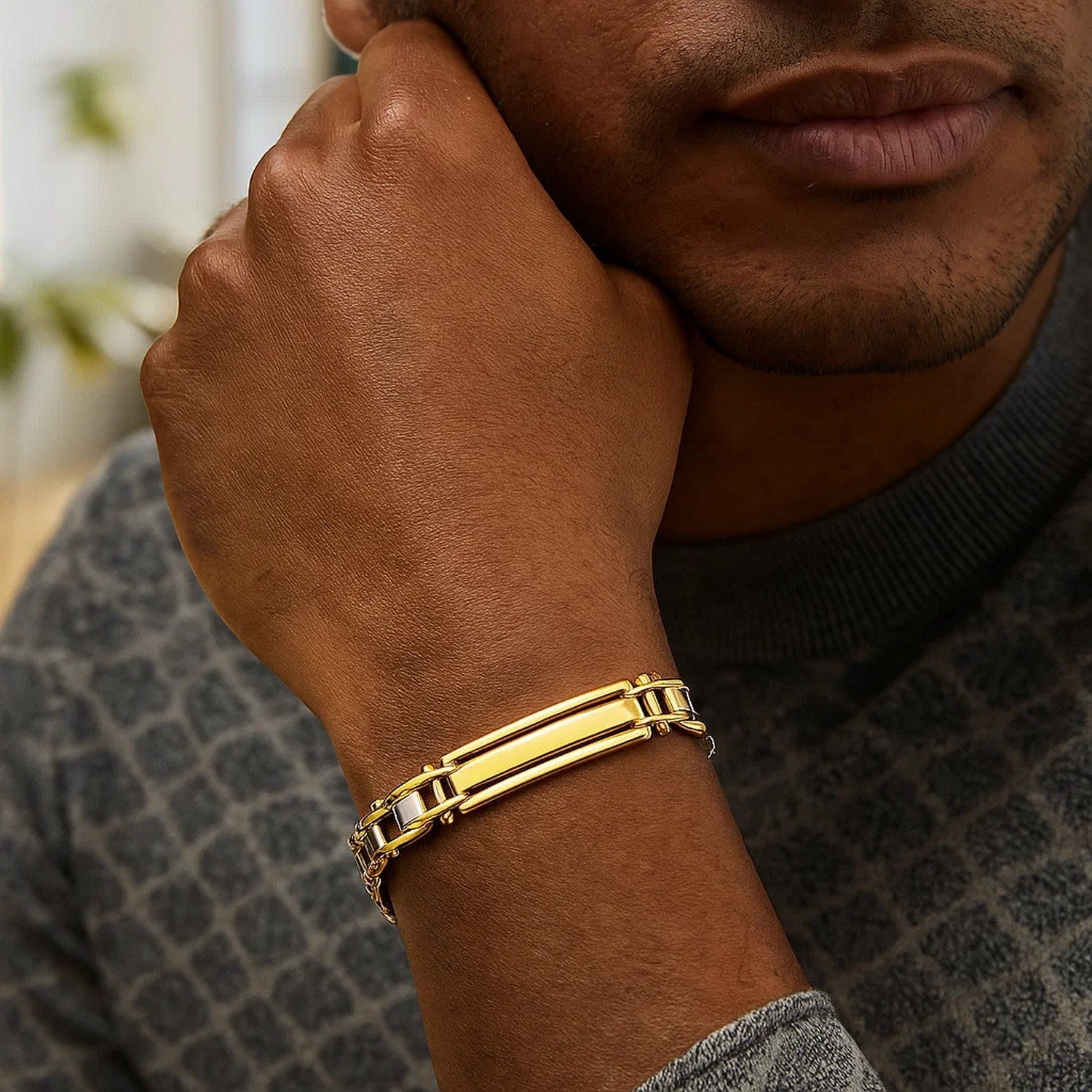 14k Two-Tone Gold Fancy Bar Style Mens Bracelet with Curved Connectors (9.65 mm)