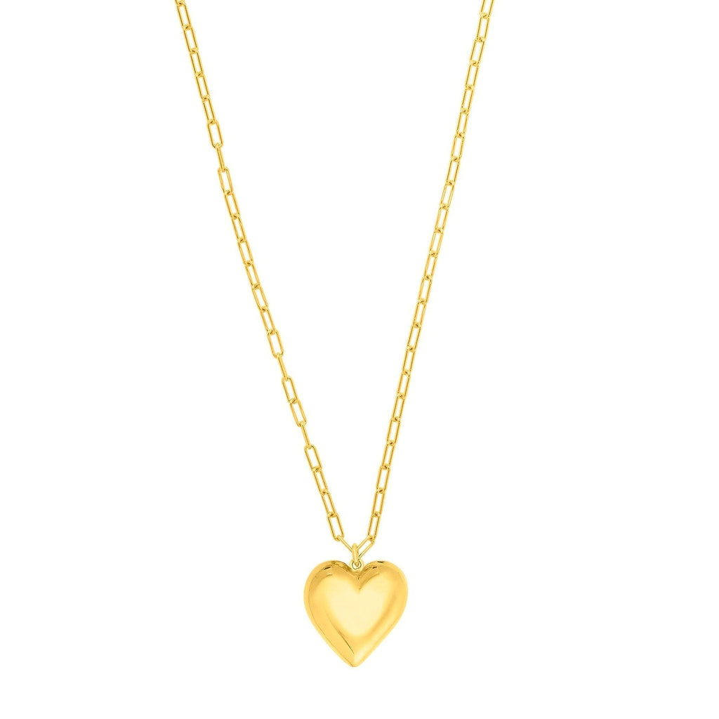 Sterling Silver Gold Plated Large Puffed Heart Long Necklace - .925 Sterling Silver - Close-Up | BIJOLINA