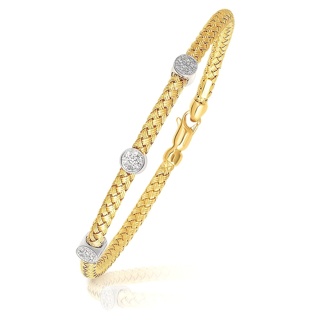 14k Two-Tone Gold Diamond Accent Station Basket Weave Bracelet (3.80 mm) - Close-Up | BIJOLINA