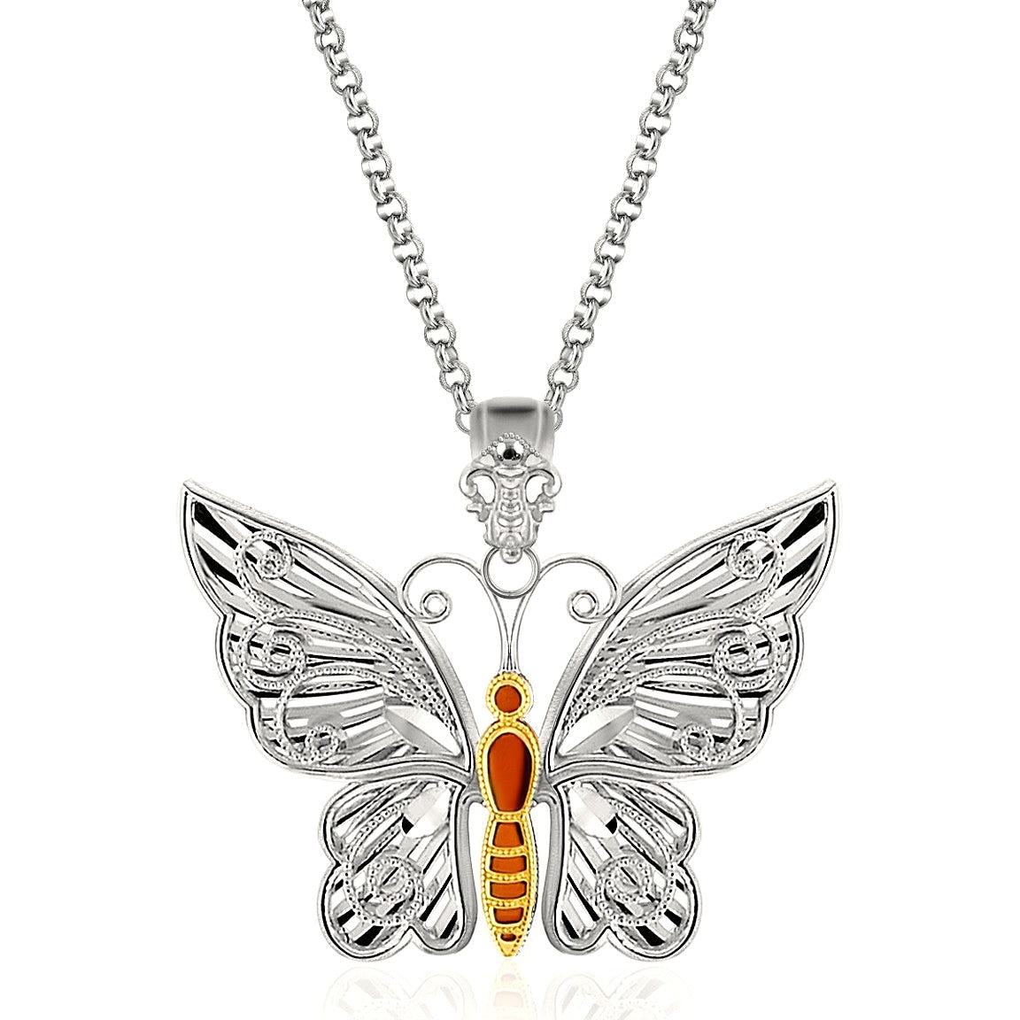 Designer Sterling Silver and 14K Yellow Gold Butterfly Pendant