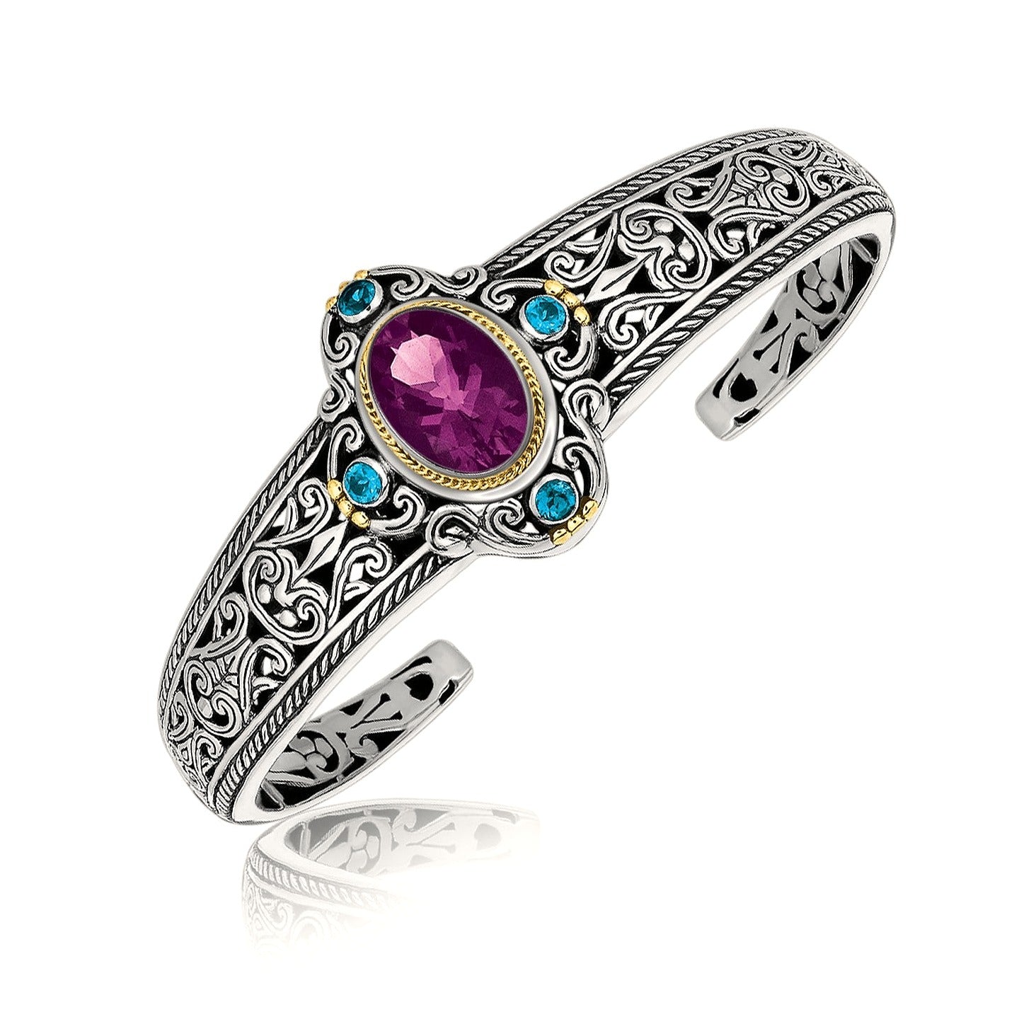 18K Yellow Gold and Sterling Silver Bangle with Amethyst and Blue Topaz Stations