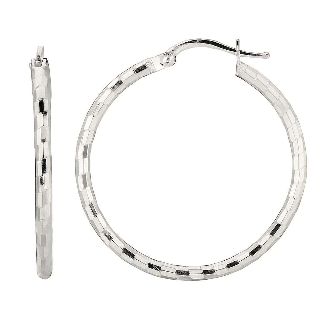 Sterling Silver Hoop Design Diamond Cut Earrings with Rhodium Plating (2x26mm) - .925 Sterling Silver - Side View | BIJOLINA