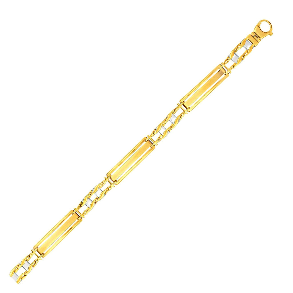 14k Two-Tone Gold Fancy Bar Style Mens Bracelet with Curved Connectors (9.65 mm) - Close-Up | BIJOLINA